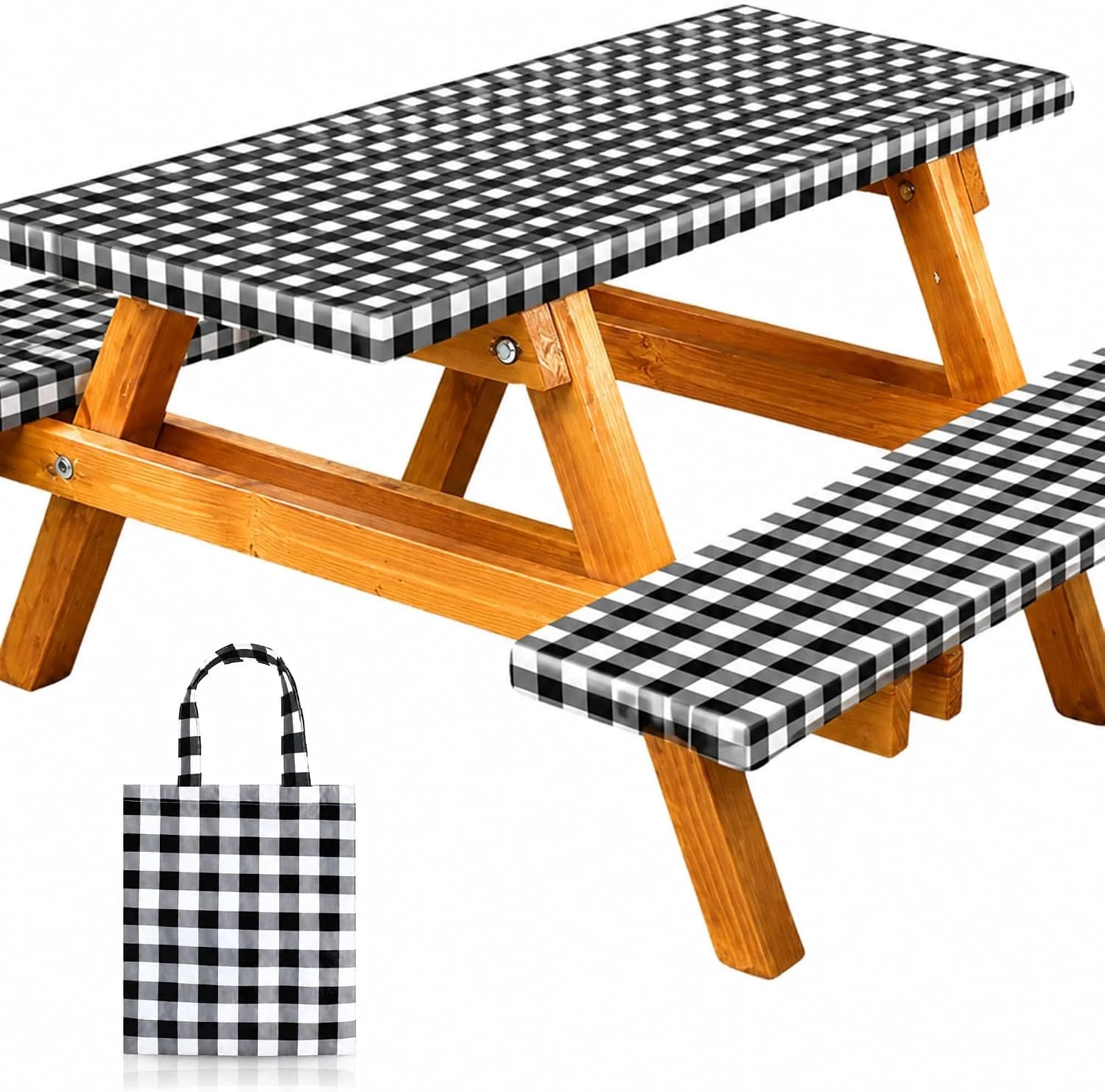 New Arrivals Premium Vinyl Fitted Picnic Table Cover with Bench Covers & Bag, Outdoor Waterproof & Windproof Durable Tablecloth with Elastic Edges - Image 5
