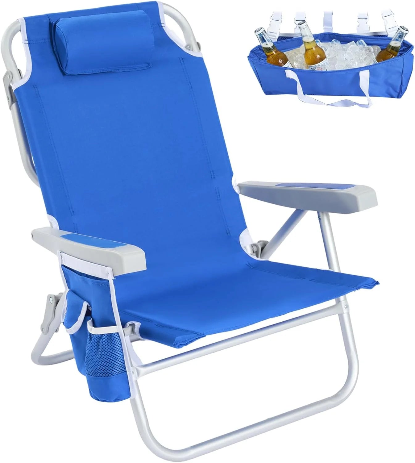 New Arrivals Low Beach Chair 2 Pack, 5-Position Lay Flat Reclining, Backpack Portable Folding Chairs with Cooler Bag & Cup - Image 3