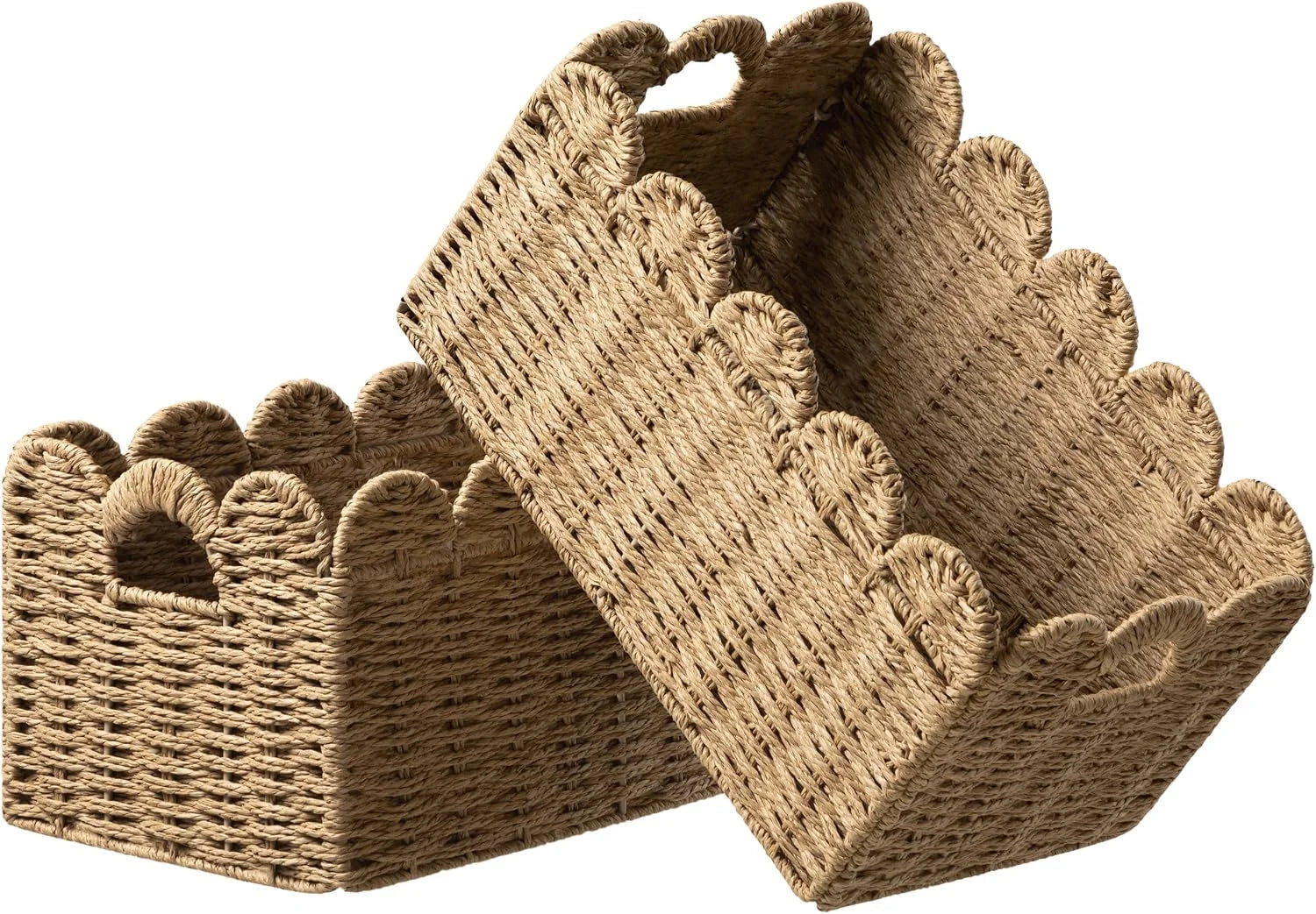 2 Pack Scalloped Edge Basket, Wicker Storage Baskets for Shelves, Hand-woven Rattan Baskets with Built-in Handles bifanuoyard - Image 3