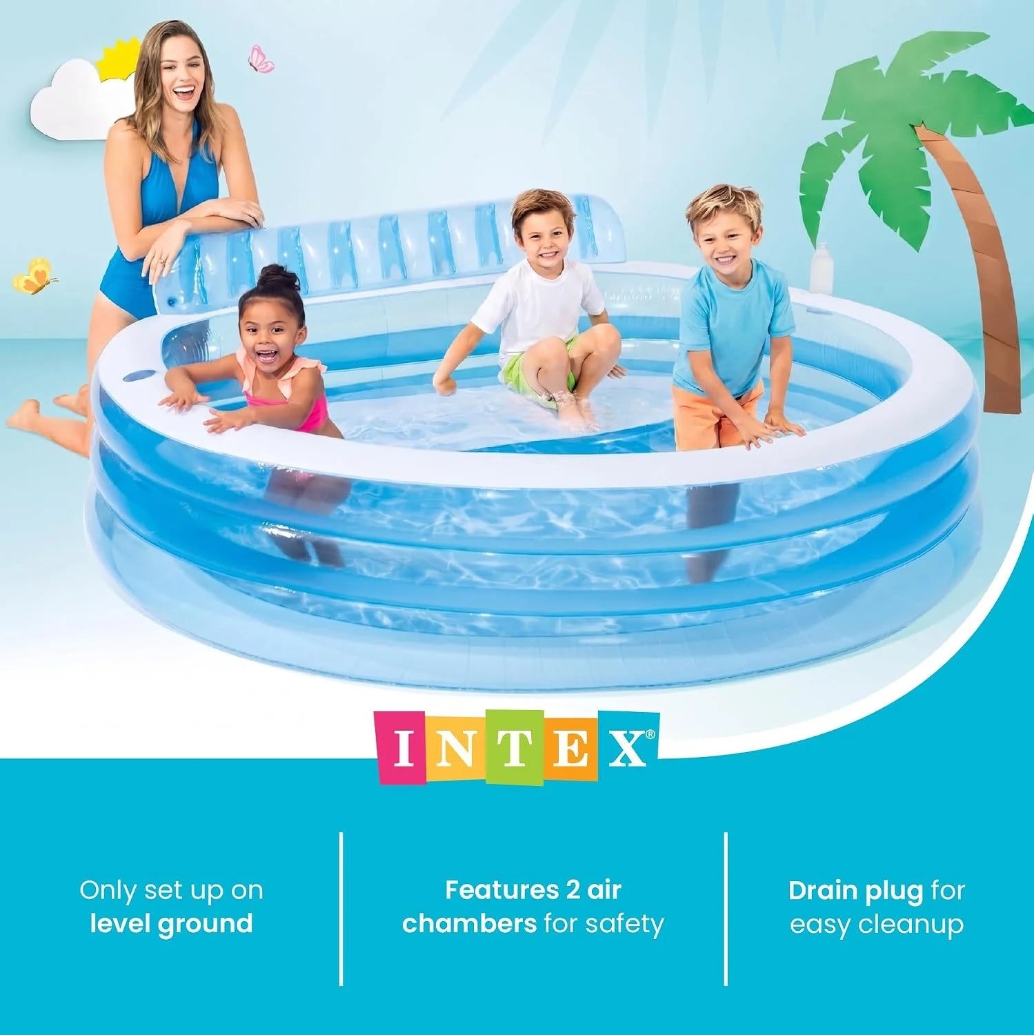 New Arrivals INTEX Swim Center Inflatable Family Lounge Pool: Built-In Bench " Cup Holder " 156 Gallon Capacity " 90 x 86 x 31 " Blue bifanuoyard - Image 5