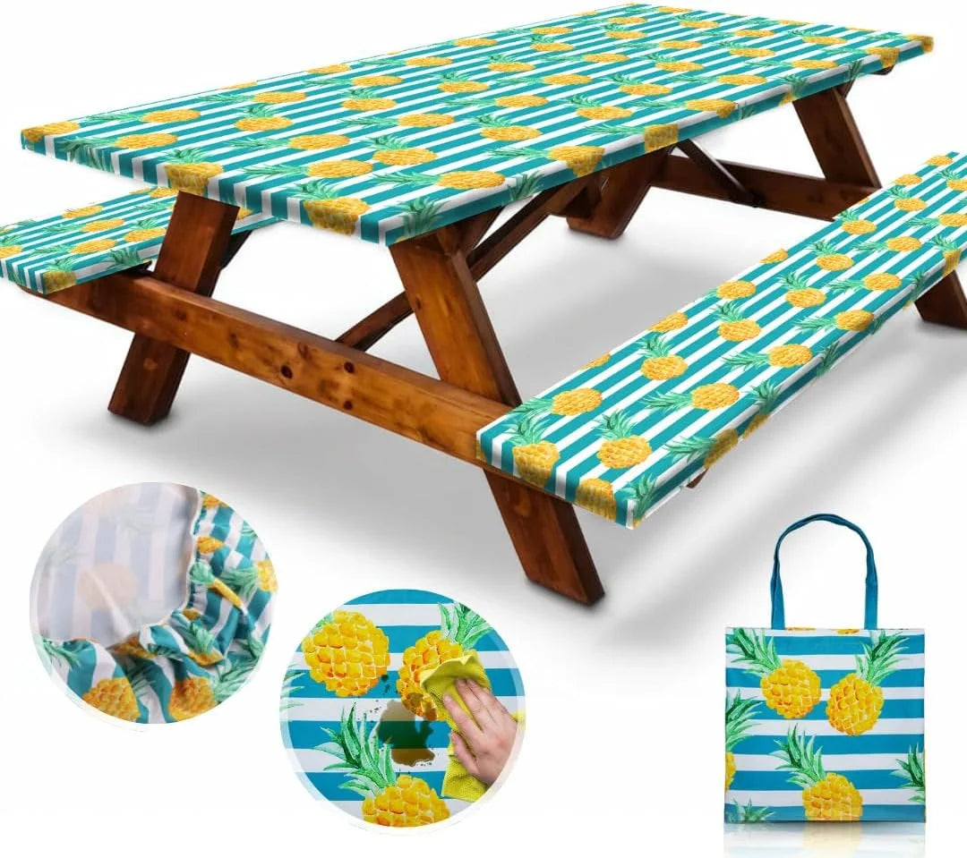 New Arrivals Premium Vinyl Fitted Picnic Table Cover with Bench Covers & Bag, Outdoor Waterproof & Windproof Durable Tablecloth with Elastic Edges - Image 10