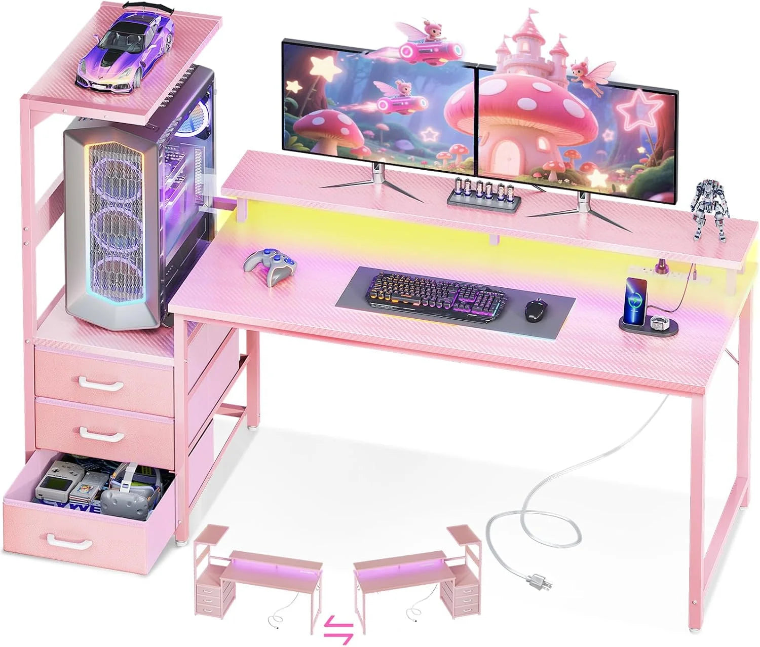 Gaming Desk w/PC Showcase Stand, 59 Reversible, Elevated stand fits Lian Li O11, Hyte Y60. Triple drawers hide - Image 2