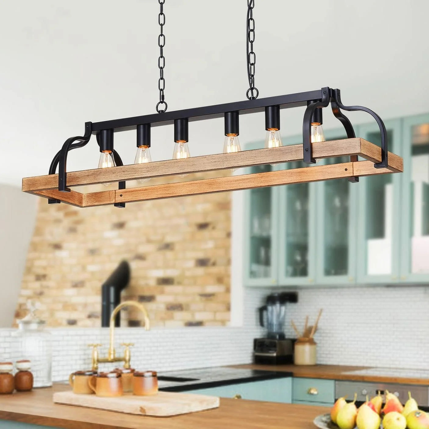 New Arrivals 5-Light Metal Chandelier Imitation Wood Grain Linear Pendant Ceiling Lighting Rustic Farmhouse Fixture Kitchen - Image 2