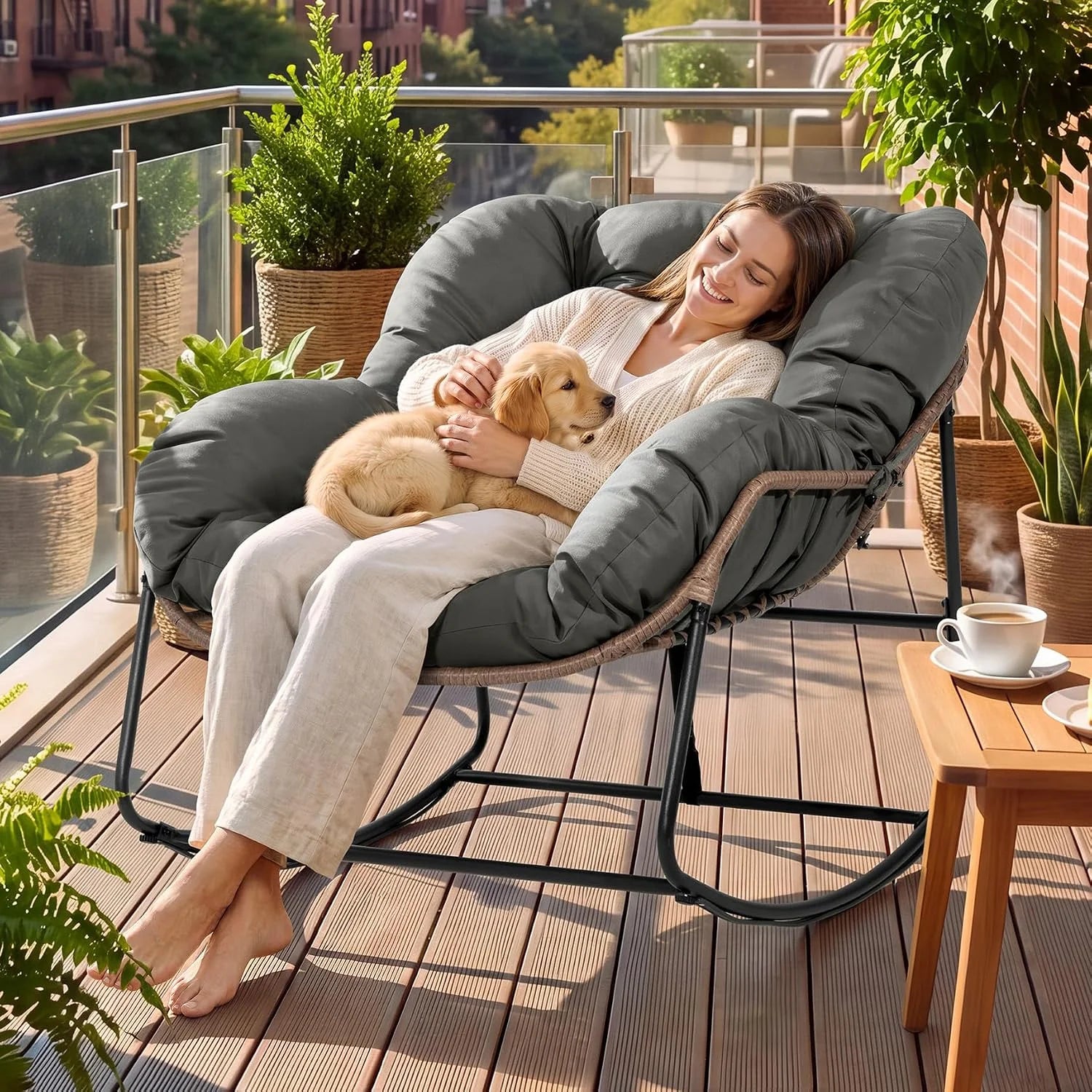Bifanuo Oversized Egg Rocking Chair for Indoor/Outdoor – All-Weather Wicker Rattan Lounge Chair with Cushion - Image 2