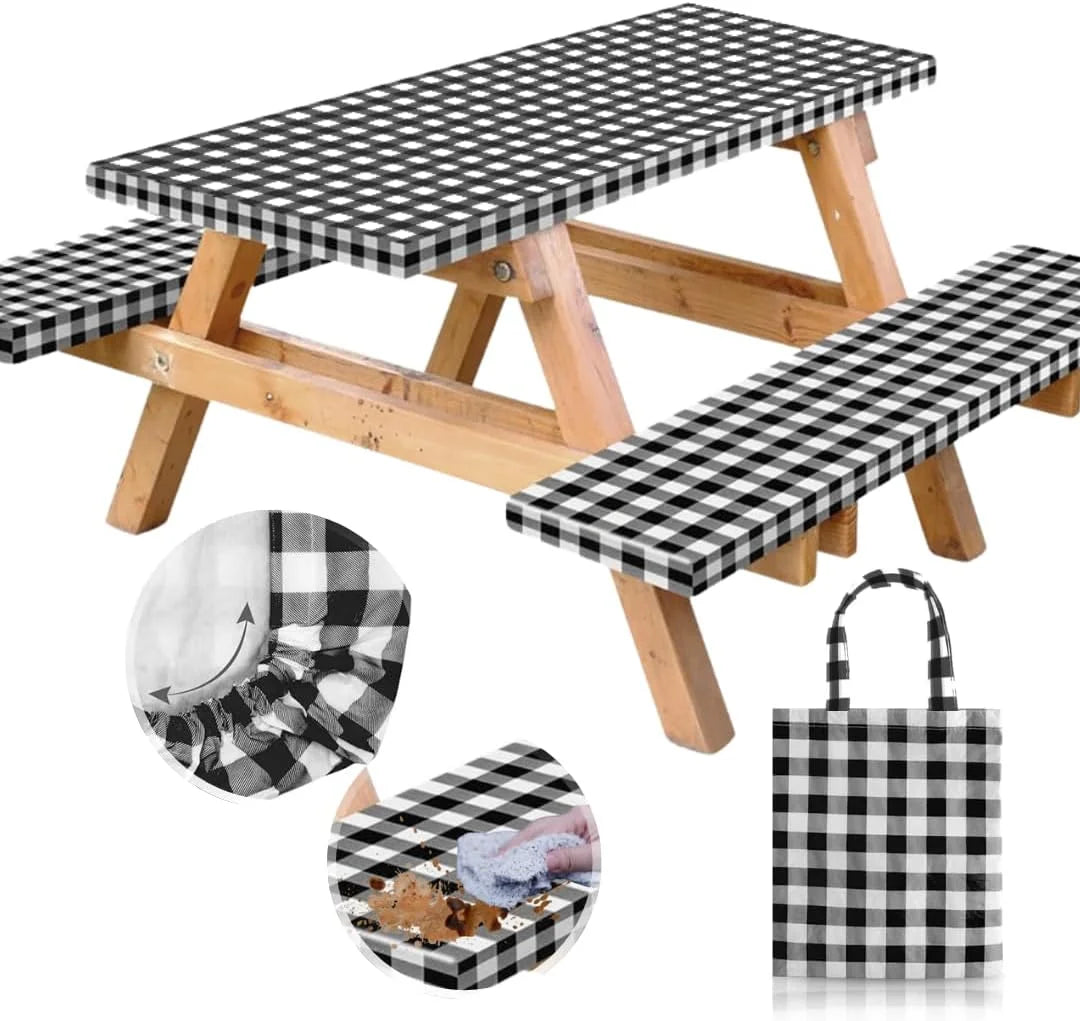 New Arrivals Premium Vinyl Fitted Picnic Table Cover with Bench Covers & Bag, Outdoor Waterproof & Windproof Durable Tablecloth with Elastic Edges - Image 3