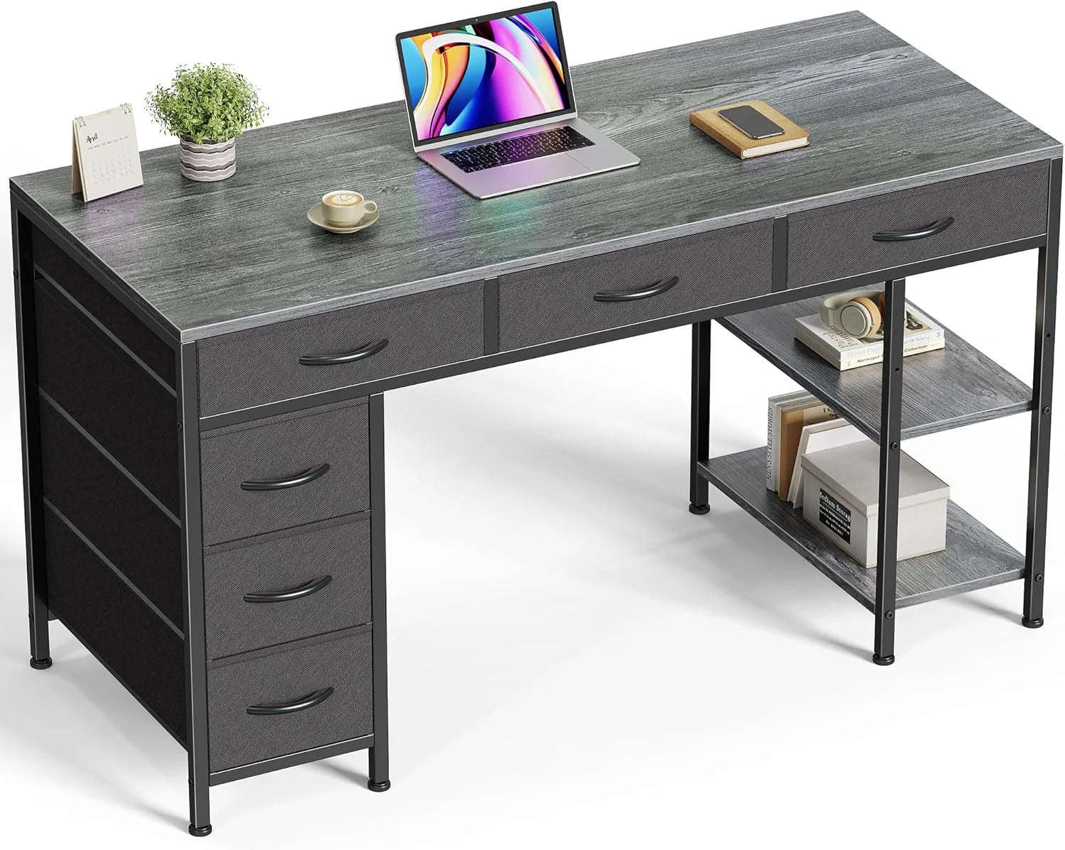Huuger Computer Desk with 6 Drawers, Office Desk with Shelves, 47inch bifanuoyard