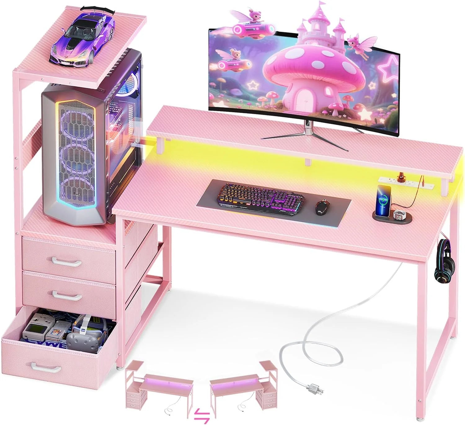 Gaming Desk w/PC Showcase Stand, 59 Reversible, Elevated stand fits Lian Li O11, Hyte Y60. Triple drawers hide - Image 5