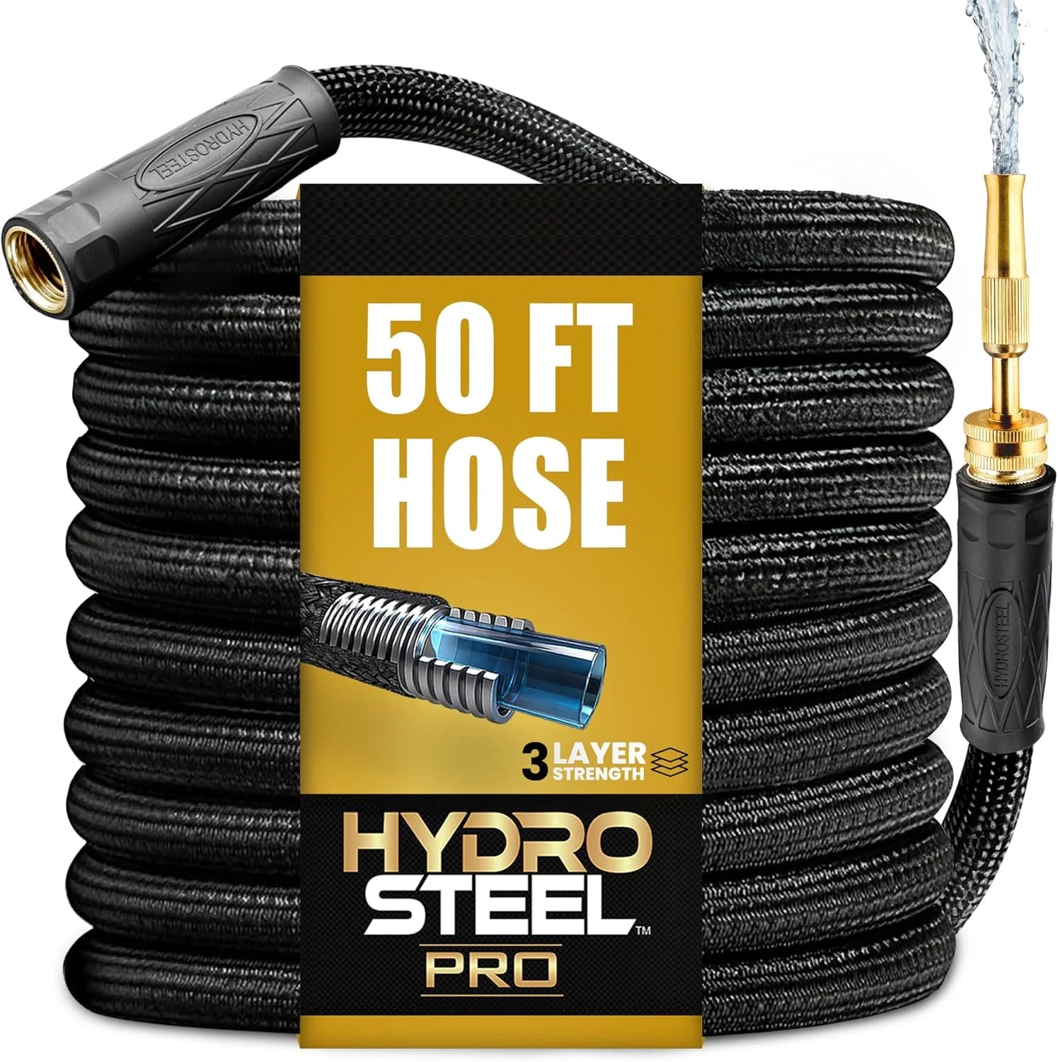 New Arrivals Hydrosteel PRO 100 Ft Heavy Duty Metal Garden Hose with Nozzle, Water Hose Made from 304 Stainless Steel, 5/8" Diameter bifanuoyard