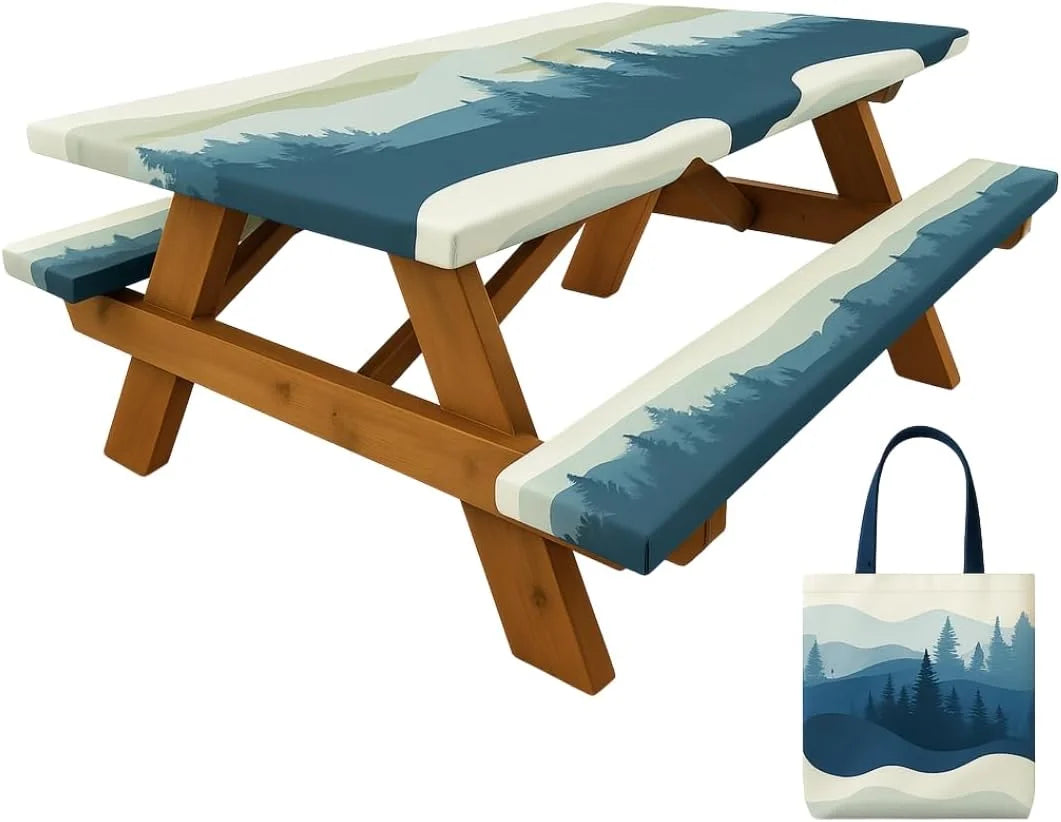 New Arrivals Premium Vinyl Fitted Picnic Table Cover with Bench Covers & Bag, Outdoor Waterproof & Windproof Durable Tablecloth with Elastic Edges