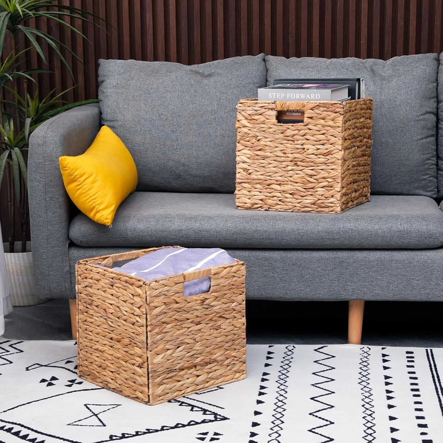 Storage Basket Set of 2 Foldable Hyacinth Storage Box, Handmade Woven Basket for Closet, Shelf Organization - Image 3