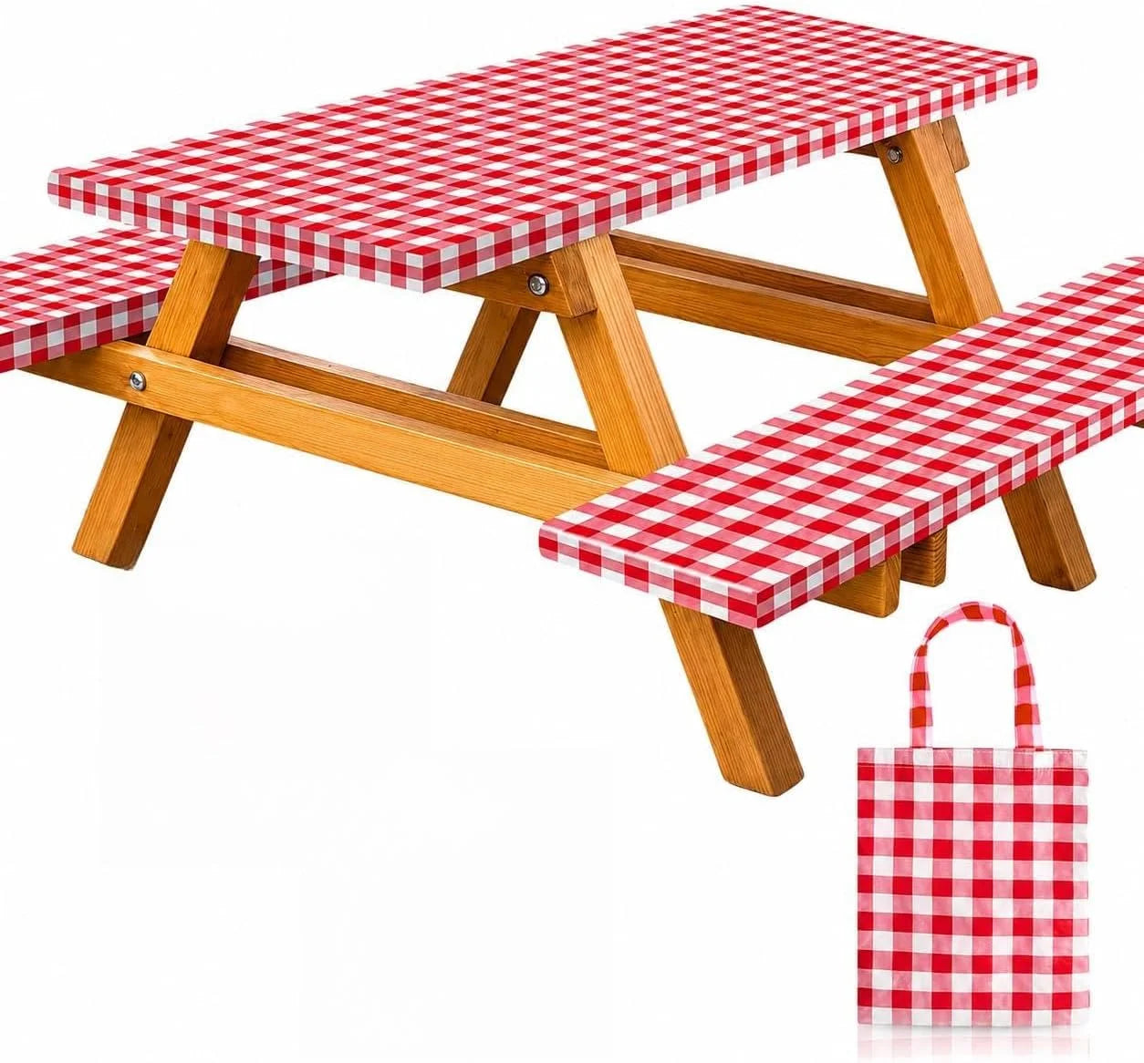 New Arrivals Premium Vinyl Fitted Picnic Table Cover with Bench Covers & Bag, Outdoor Waterproof & Windproof Durable Tablecloth with Elastic Edges - Image 7