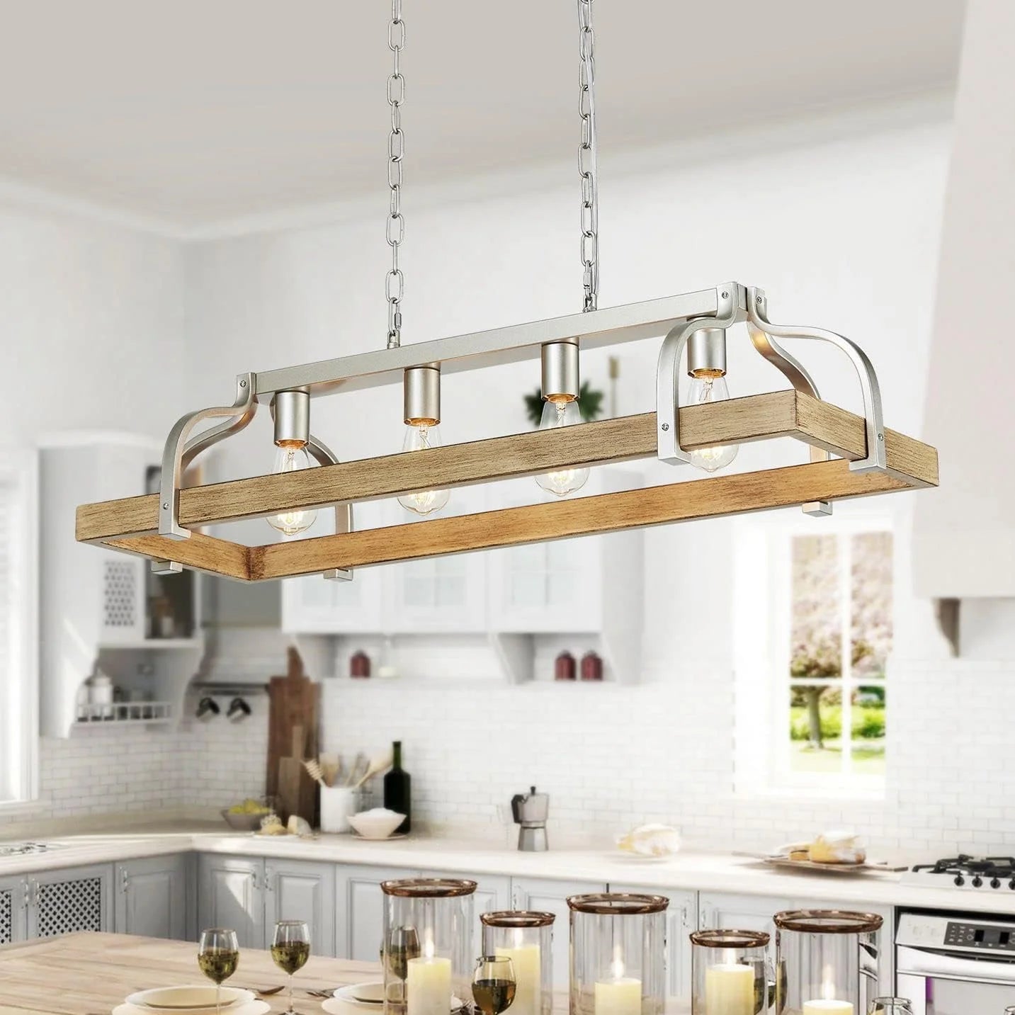 New Arrivals 5-Light Metal Chandelier Imitation Wood Grain Linear Pendant Ceiling Lighting Rustic Farmhouse Fixture Kitchen - Image 3