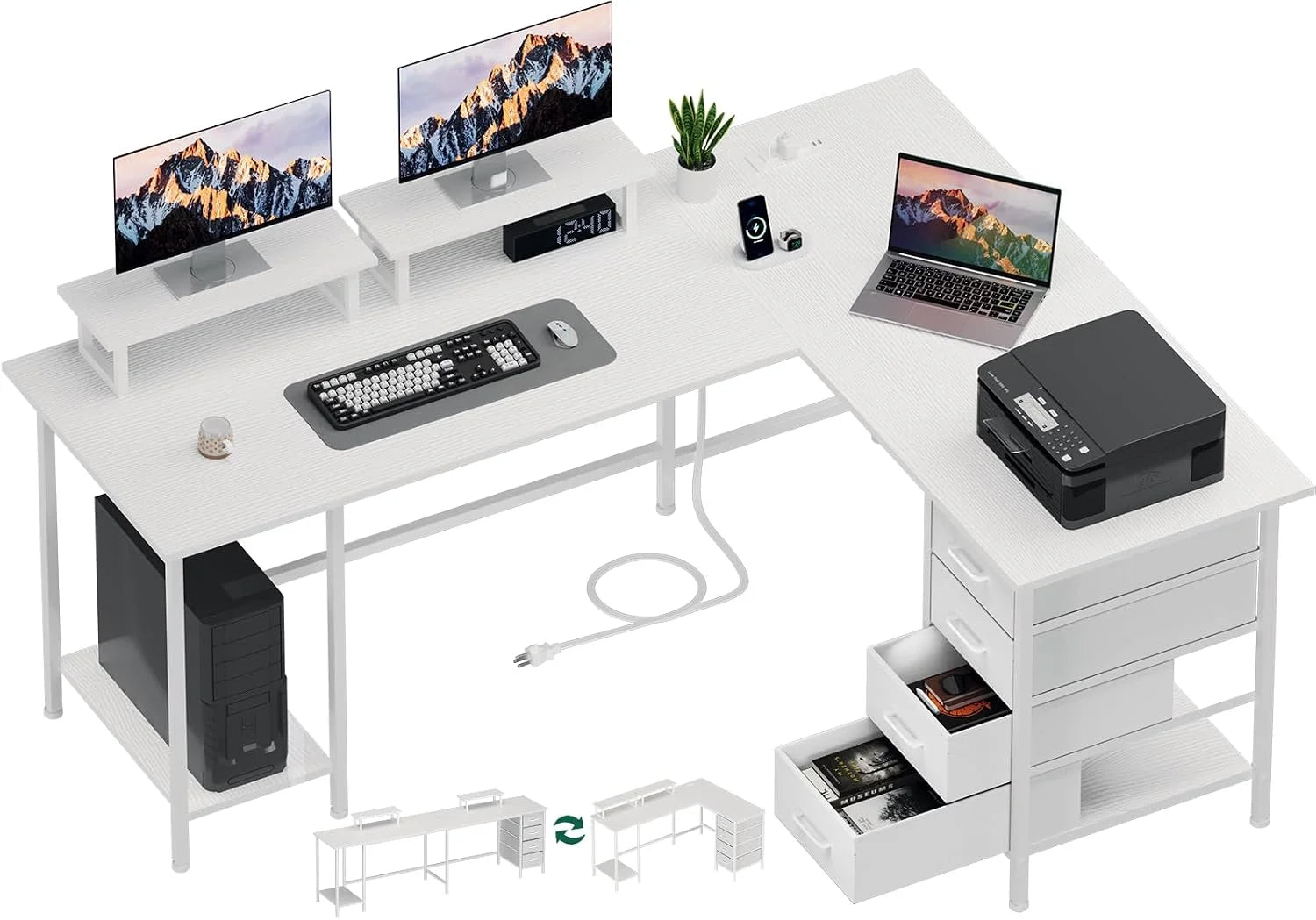 Korfile 59 inch L Shaped Computer Desk with Power Outlets, Home Office Desk with 4 Adjustable Storage Drawers & 2 bifanuoyard - Image 3