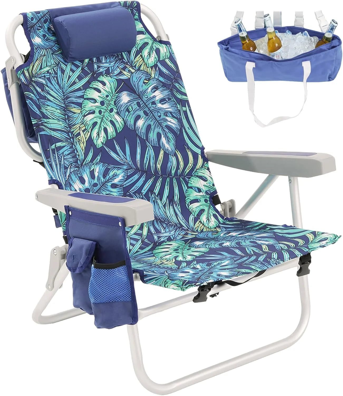 New Arrivals Low Beach Chair 2 Pack, 5-Position Lay Flat Reclining, Backpack Portable Folding Chairs with Cooler Bag & Cup - Image 9
