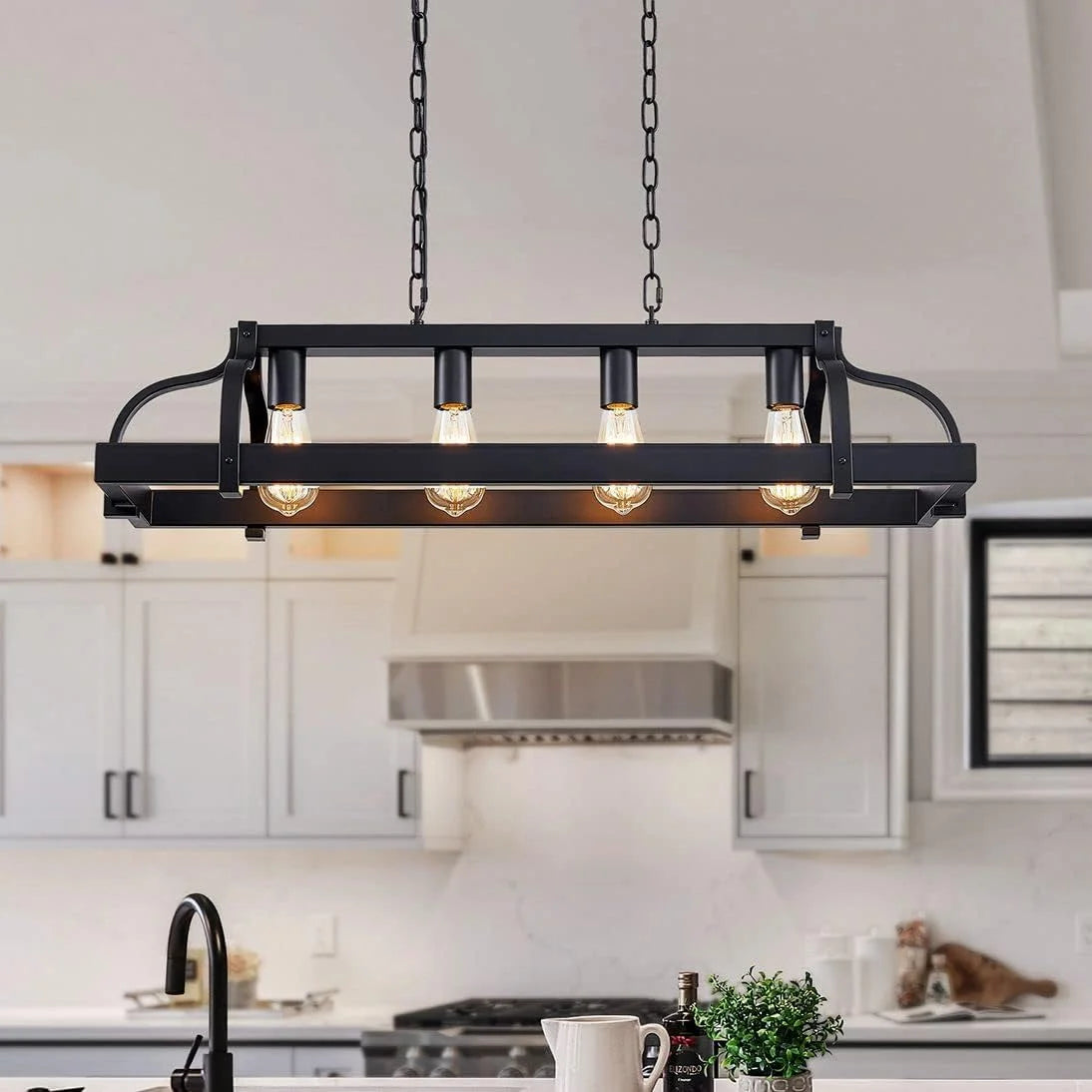New Arrivals 5-Light Metal Chandelier Imitation Wood Grain Linear Pendant Ceiling Lighting Rustic Farmhouse Fixture Kitchen - Image 10