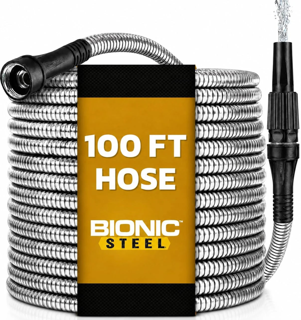 New Arrivals STEEL 150 Ft Metal Garden Hose with Sprayer Nozzle, Non Kinking Design, Stainless Steel Heavy Duty Water Hose