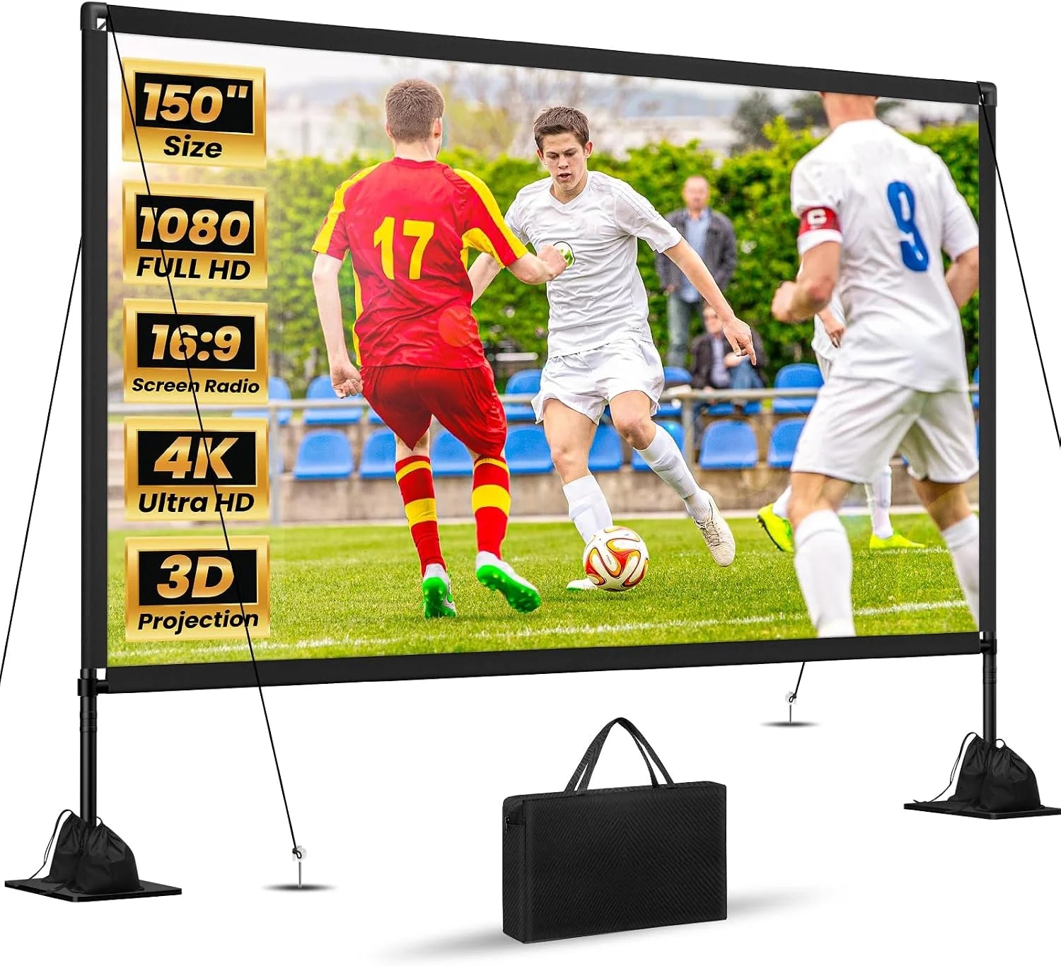 New Arrivals Projector Screen with Stand: Portable Projector Screen Outdoor Indoor Front/Rear16: 9 4K HD with Carry Bag