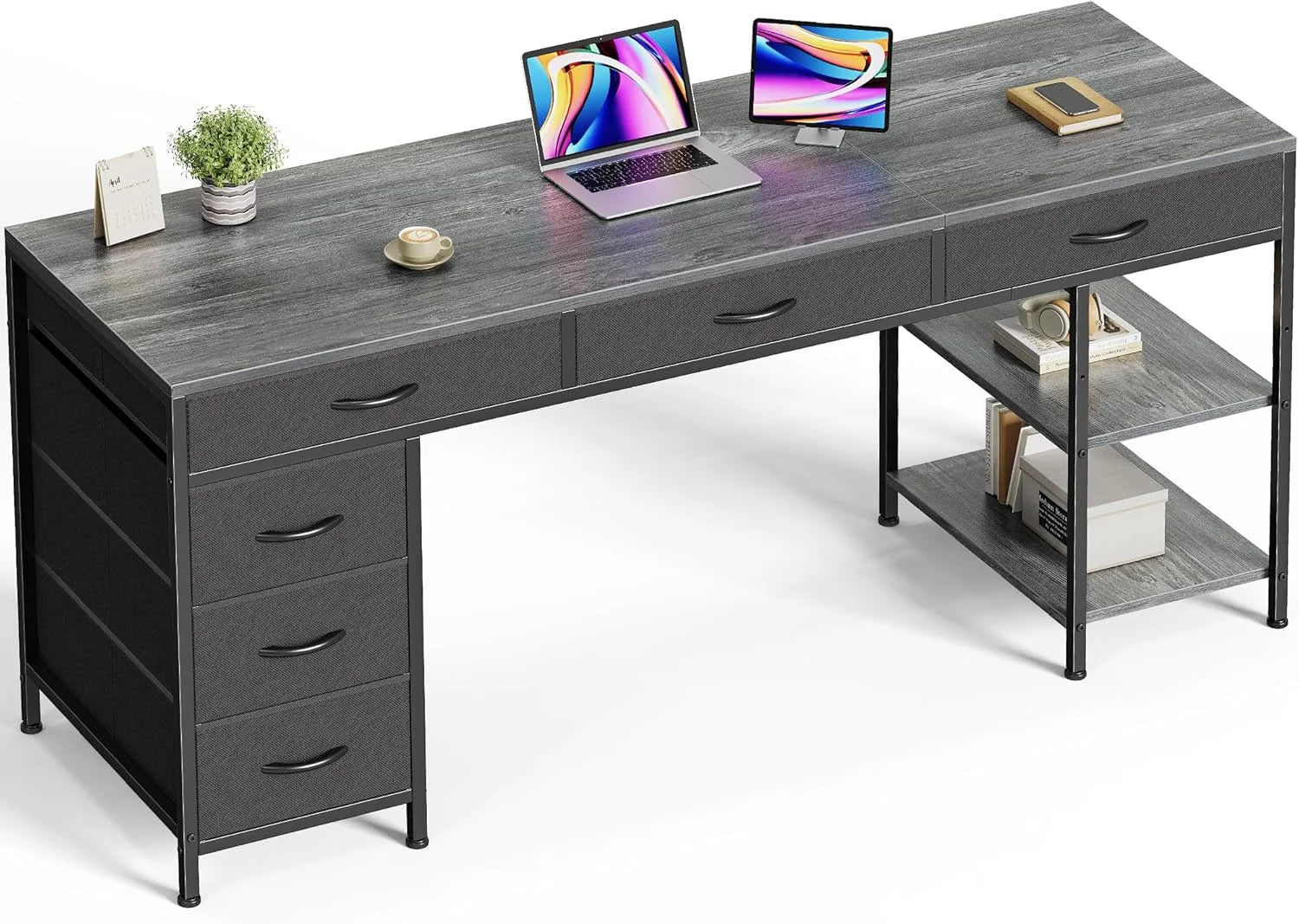 Huuger Computer Desk with 6 Drawers, Office Desk with Shelves, 47inch bifanuoyard - Image 4