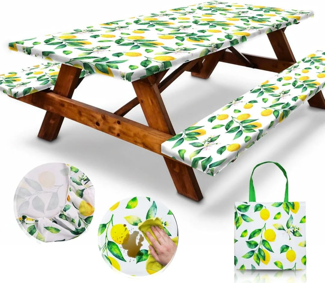 New Arrivals Premium Vinyl Fitted Picnic Table Cover with Bench Covers & Bag, Outdoor Waterproof & Windproof Durable Tablecloth with Elastic Edges - Image 9