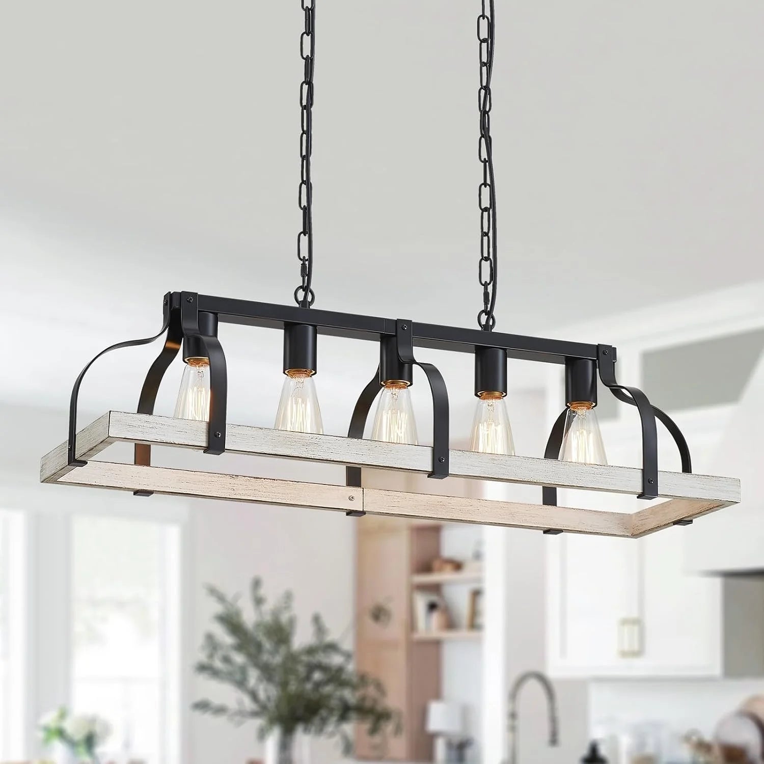 New Arrivals 5-Light Metal Chandelier Imitation Wood Grain Linear Pendant Ceiling Lighting Rustic Farmhouse Fixture Kitchen - Image 8