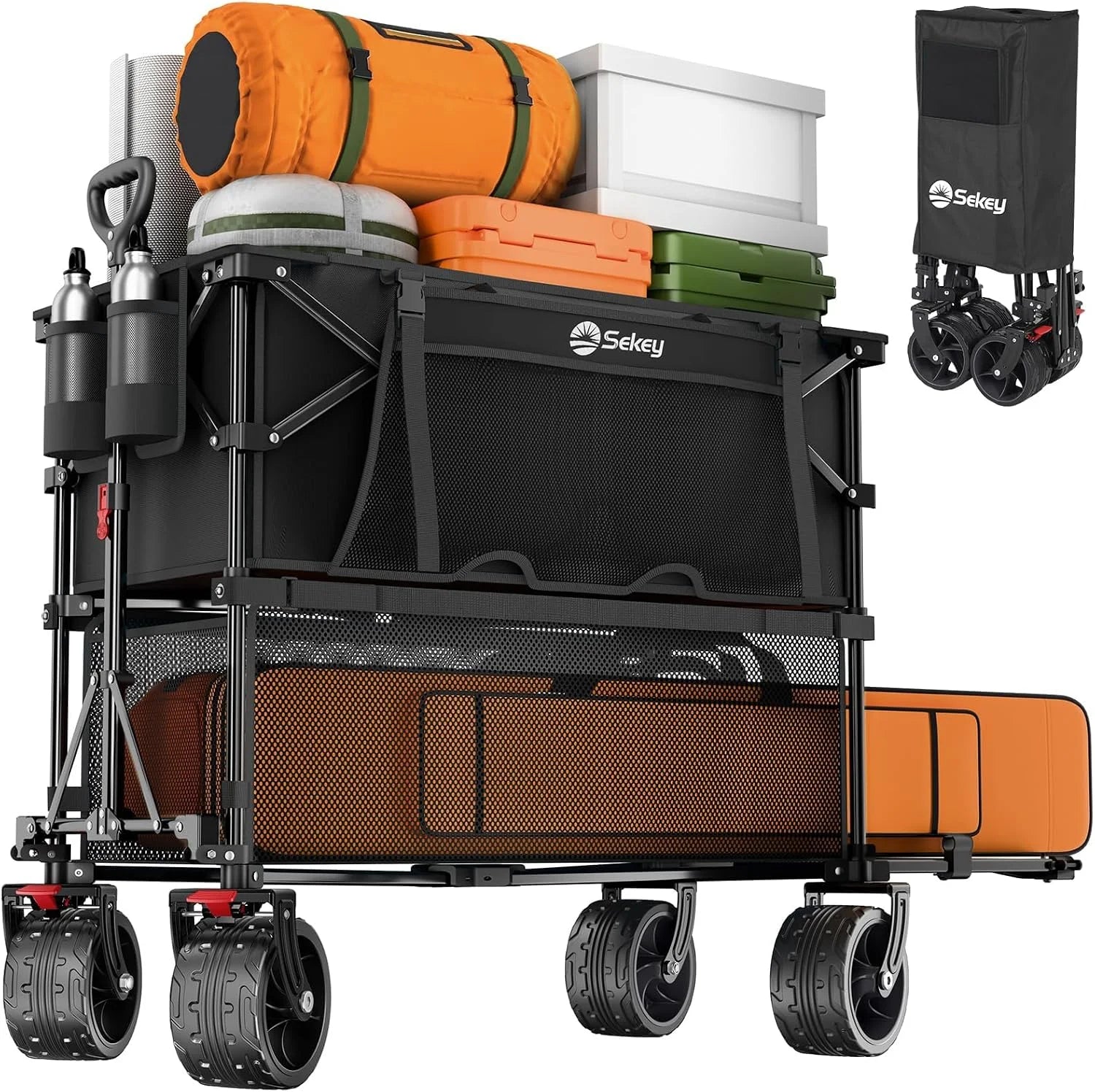 Sekey 500LBS Heavy Duty Double Decker Wagon with Extender, 400L Large Capacity Collapsible Garden Cart Fits 10x10 Canopy