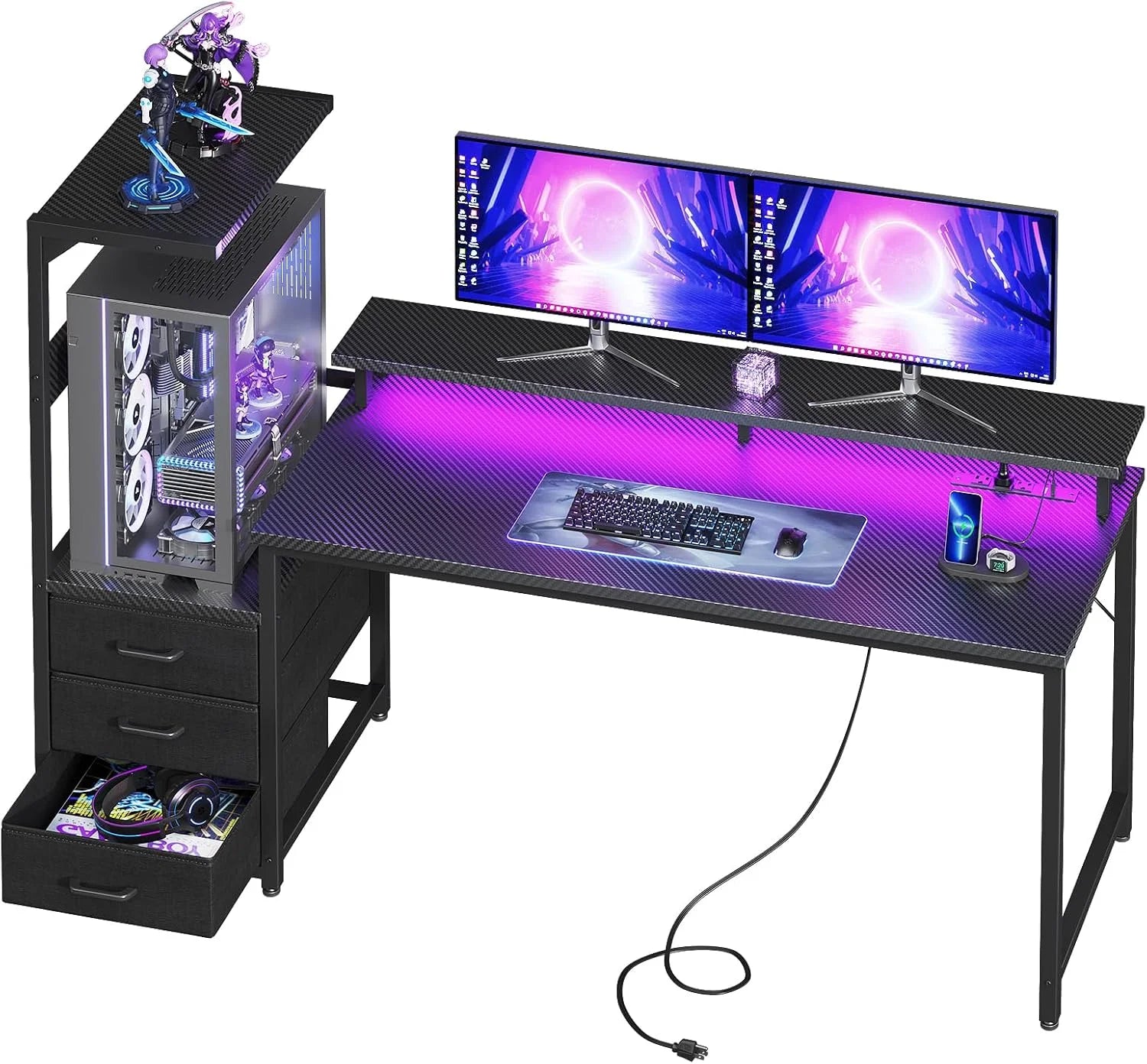 Gaming Desk w/PC Showcase Stand, 59 Reversible, Elevated stand fits Lian Li O11, Hyte Y60. Triple drawers hide
