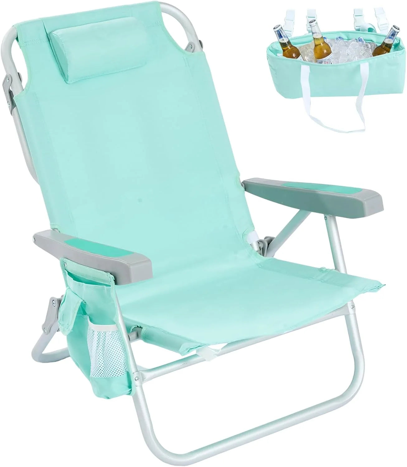 New Arrivals Low Beach Chair 2 Pack, 5-Position Lay Flat Reclining, Backpack Portable Folding Chairs with Cooler Bag & Cup - Image 7