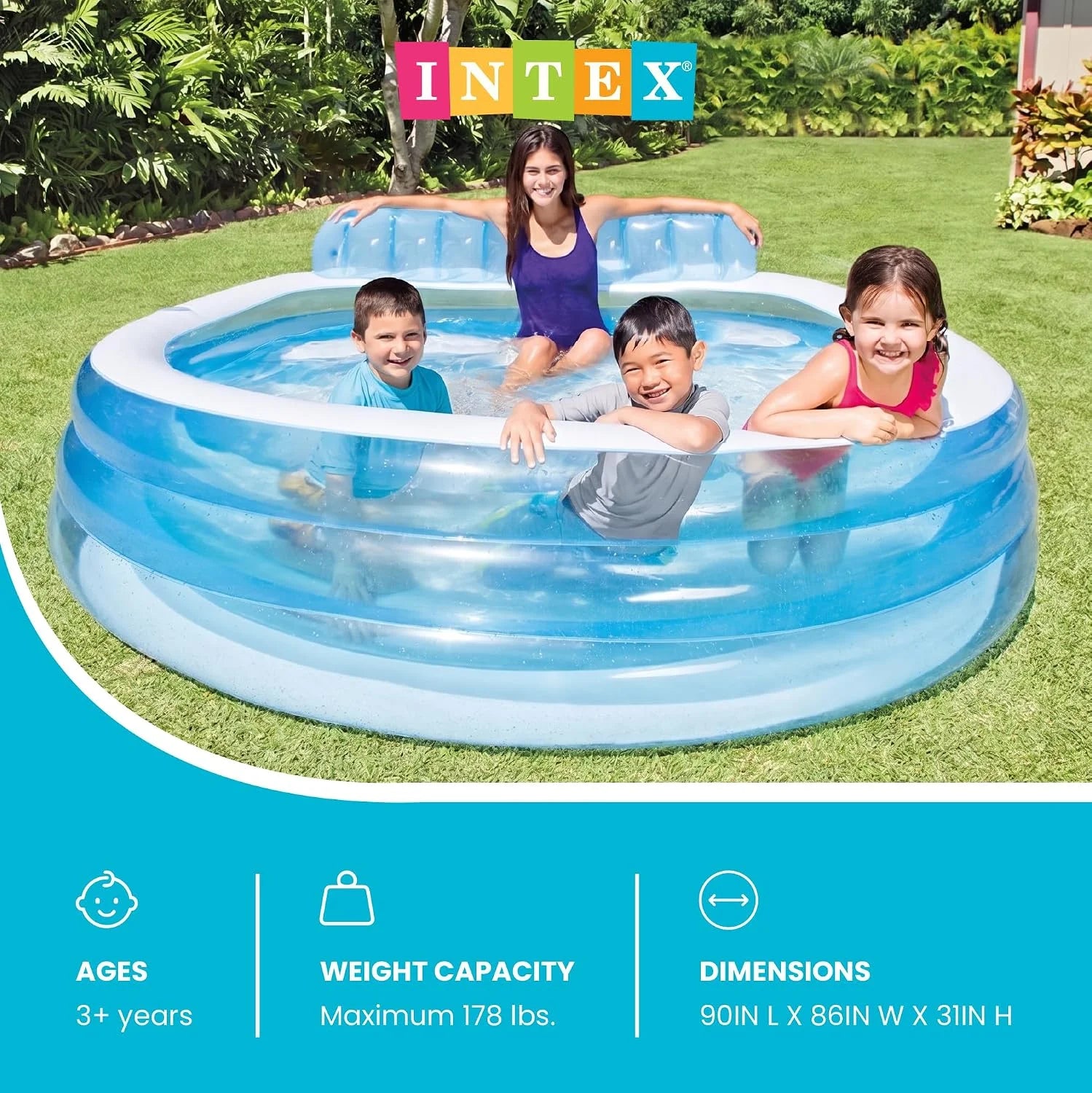New Arrivals INTEX Swim Center Inflatable Family Lounge Pool: Built-In Bench " Cup Holder " 156 Gallon Capacity " 90 x 86 x 31 " Blue bifanuoyard - Image 2