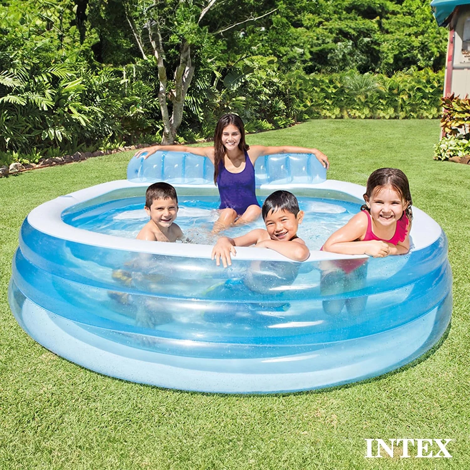 New Arrivals INTEX Swim Center Inflatable Family Lounge Pool: Built-In Bench " Cup Holder " 156 Gallon Capacity " 90 x 86 x 31 " Blue bifanuoyard - Image 10