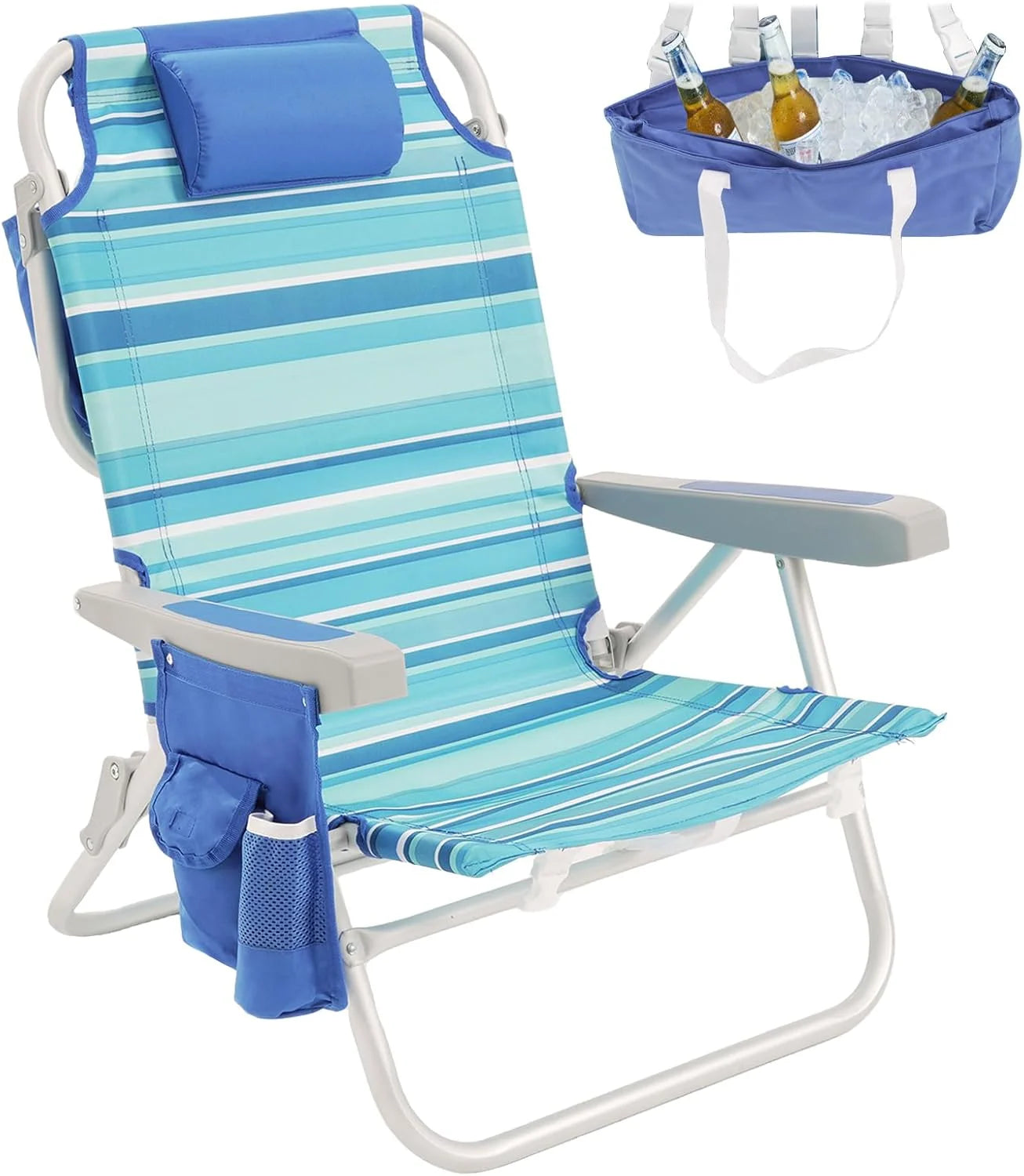 New Arrivals Low Beach Chair 2 Pack, 5-Position Lay Flat Reclining, Backpack Portable Folding Chairs with Cooler Bag & Cup - Image 6