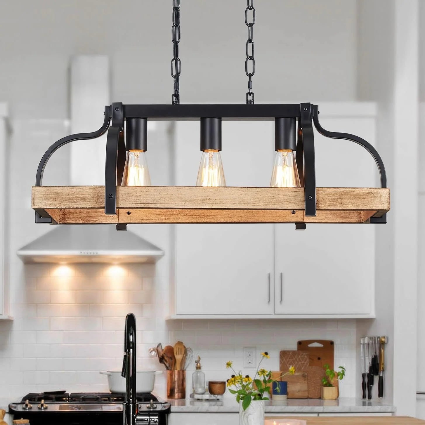 New Arrivals 5-Light Metal Chandelier Imitation Wood Grain Linear Pendant Ceiling Lighting Rustic Farmhouse Fixture Kitchen - Image 11