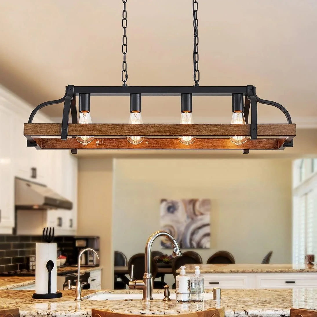 New Arrivals 5-Light Metal Chandelier Imitation Wood Grain Linear Pendant Ceiling Lighting Rustic Farmhouse Fixture Kitchen - Image 6