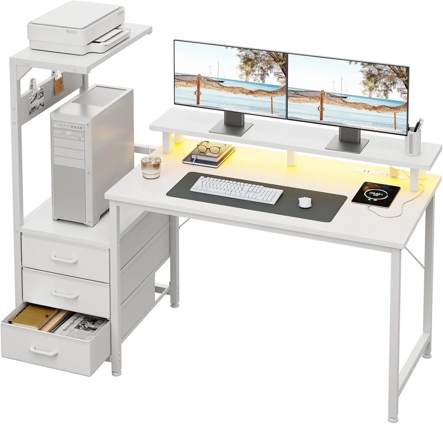 Gaming Desk w/PC Showcase Stand, 59 Reversible, Elevated stand fits Lian Li O11, Hyte Y60. Triple drawers hide - Image 7