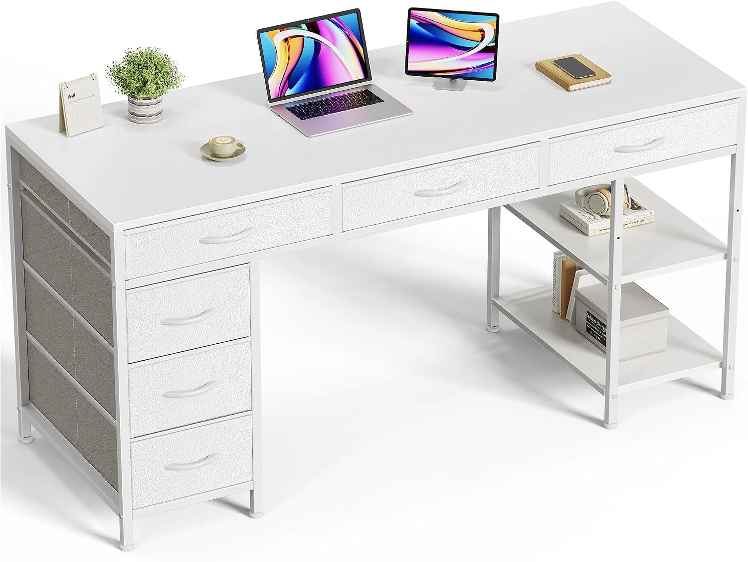 Huuger Computer Desk with 6 Drawers, Office Desk with Shelves, 47inch bifanuoyard - Image 2