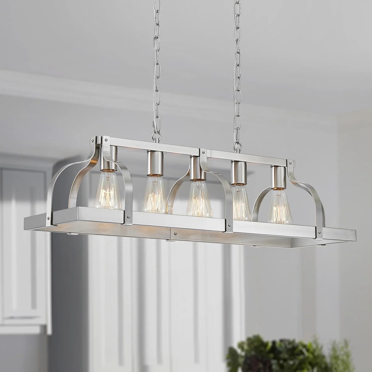 New Arrivals 5-Light Metal Chandelier Imitation Wood Grain Linear Pendant Ceiling Lighting Rustic Farmhouse Fixture Kitchen - Image 5
