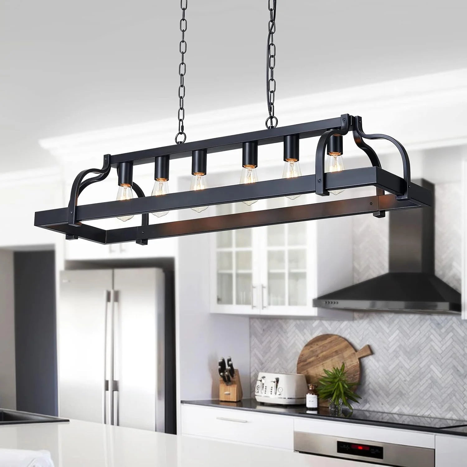 New Arrivals 5-Light Metal Chandelier Imitation Wood Grain Linear Pendant Ceiling Lighting Rustic Farmhouse Fixture Kitchen - Image 7