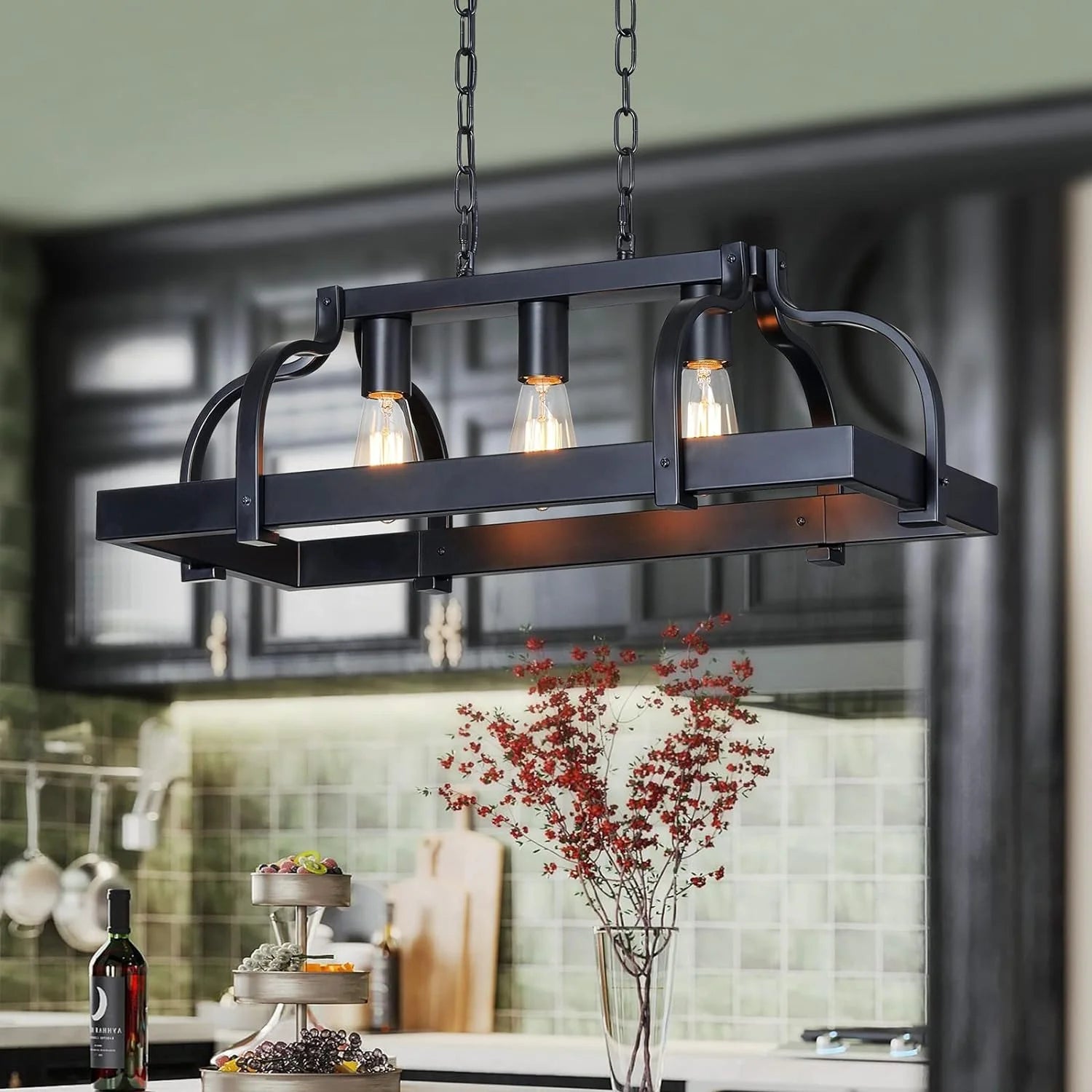 New Arrivals 5-Light Metal Chandelier Imitation Wood Grain Linear Pendant Ceiling Lighting Rustic Farmhouse Fixture Kitchen - Image 9