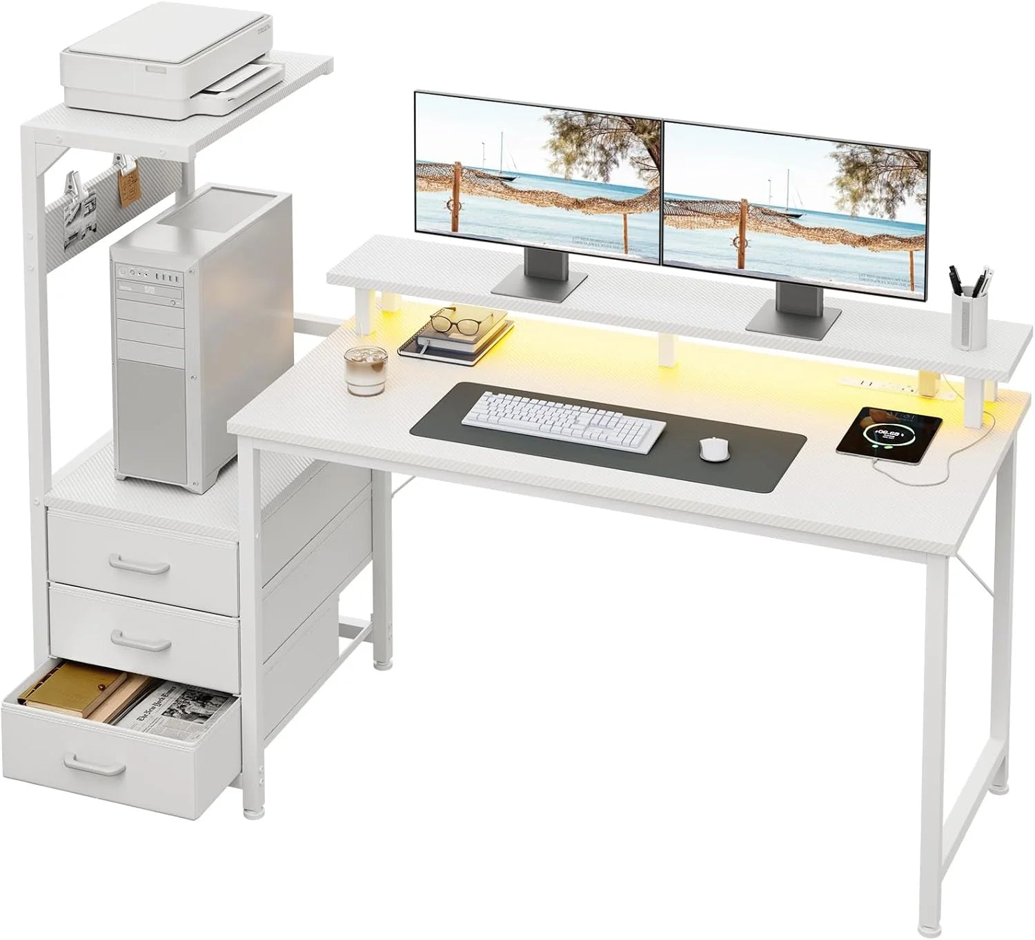 Gaming Desk w/PC Showcase Stand, 59 Reversible, Elevated stand fits Lian Li O11, Hyte Y60. Triple drawers hide - Image 6