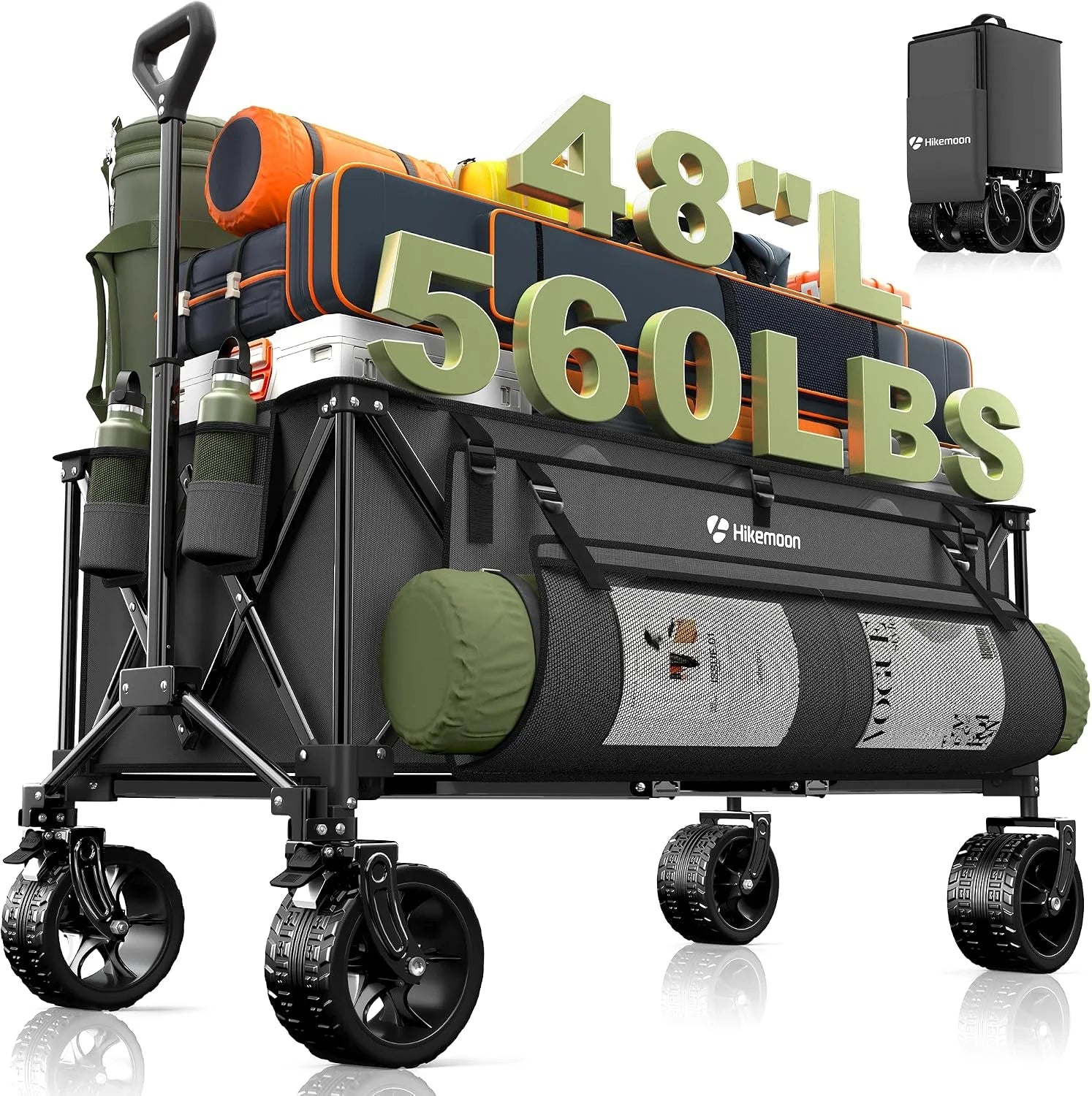 New Arrivals HIKEMOON 48" Extra Large Collapsible Wagon with Big Wheels, 300L Black, 560LBS Heavy Duty bifanuoyard