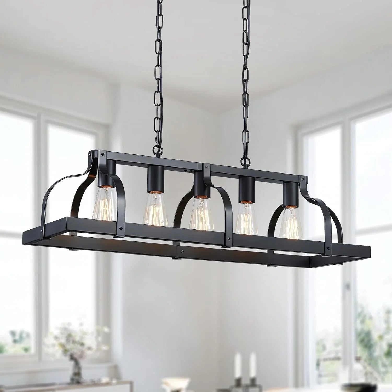 New Arrivals 5-Light Metal Chandelier Imitation Wood Grain Linear Pendant Ceiling Lighting Rustic Farmhouse Fixture Kitchen - Image 4