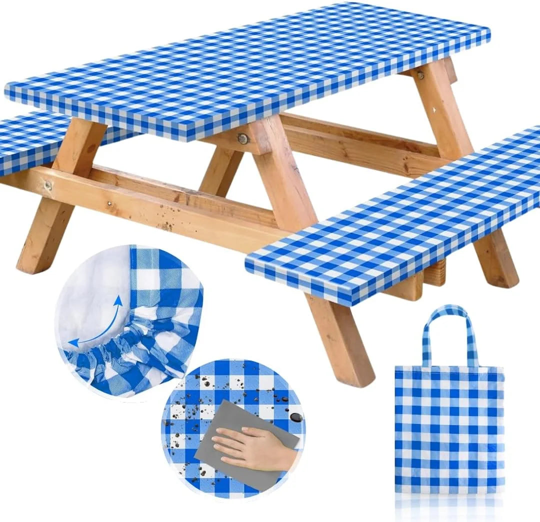 New Arrivals Premium Vinyl Fitted Picnic Table Cover with Bench Covers & Bag, Outdoor Waterproof & Windproof Durable Tablecloth with Elastic Edges - Image 2