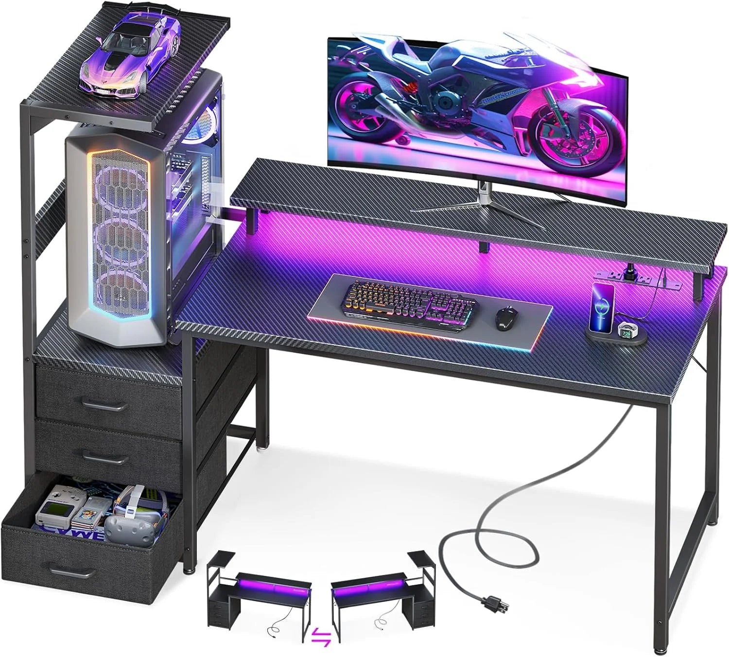 Gaming Desk w/PC Showcase Stand, 59 Reversible, Elevated stand fits Lian Li O11, Hyte Y60. Triple drawers hide - Image 3