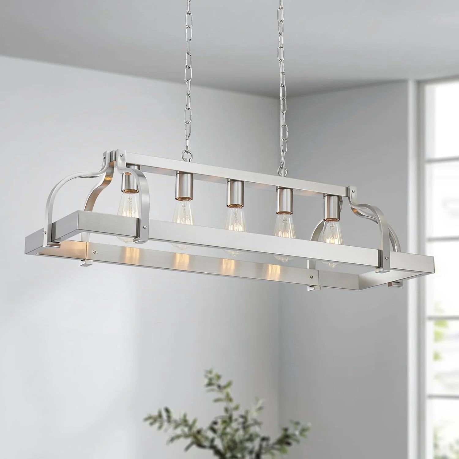 New Arrivals 5-Light Metal Chandelier Imitation Wood Grain Linear Pendant Ceiling Lighting Rustic Farmhouse Fixture Kitchen - Image 12