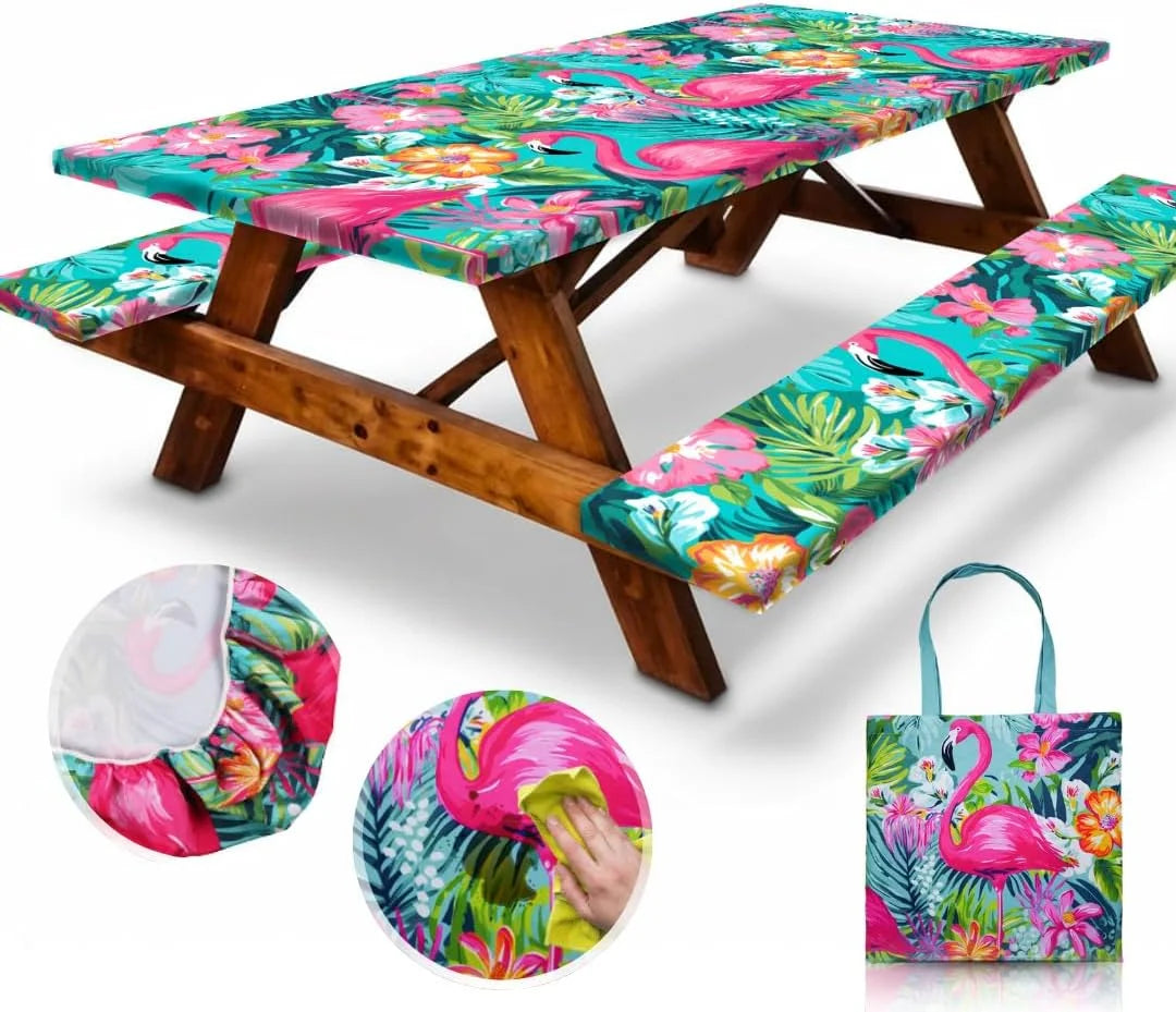 New Arrivals Premium Vinyl Fitted Picnic Table Cover with Bench Covers & Bag, Outdoor Waterproof & Windproof Durable Tablecloth with Elastic Edges - Image 6