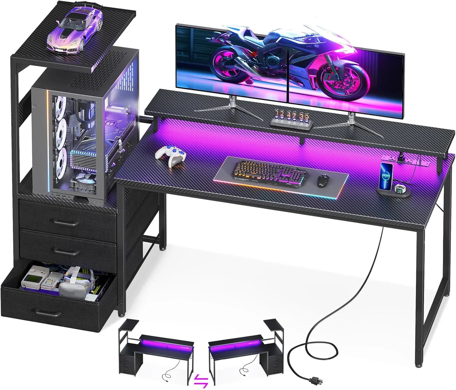 Gaming Desk w/PC Showcase Stand, 59 Reversible, Elevated stand fits Lian Li O11, Hyte Y60. Triple drawers hide - Image 4